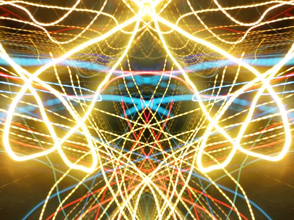 Light painting. Neon glow. Symmetry and reflection. Festive decoration. Abstract blurred background. Glowing texture. Shining pattern. Creative graphic design for poster, brochure, flyer and card. Backdrop for web, fabric and cover.