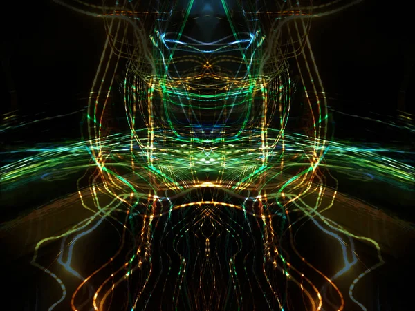 Light painting. Neon glow. Symmetry and reflection. Festive decoration. Abstract blurred background. Glowing texture. Shining pattern. Creative graphic design for poster, brochure, flyer and card. Backdrop for web, fabric and cover.