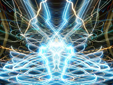 Hafif boya. Neon parıltısı. Simetri ve yansıma. Şenlik dekorasyonu. Bulanık arkaplan. Parlak doku. Parlak desen. Poster, broşür, el ilanı ve kart için yaratıcı grafik tasarımı. Ağ, kumaş ve örtü için arkaplan.