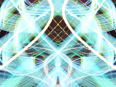 Hafif boya. Neon parıltısı. Simetri ve yansıma. Şenlik dekorasyonu. Bulanık arkaplan. Parlak doku. Parlak desen. Poster, broşür, el ilanı ve kart için yaratıcı grafik tasarımı. Ağ, kumaş ve örtü için arkaplan.