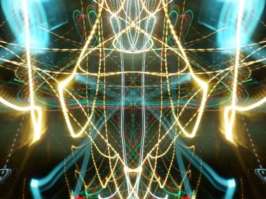 Hafif boya. Neon parıltısı. Simetri ve yansıma. Şenlik dekorasyonu. Bulanık arkaplan. Parlak doku. Parlak desen. Poster, broşür, el ilanı ve kart için yaratıcı grafik tasarımı. Ağ, kumaş ve örtü için arkaplan.