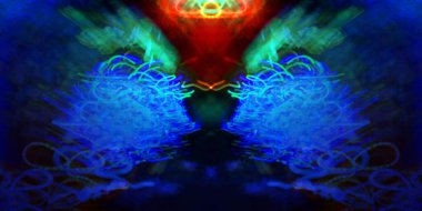 Hafif boya. Neon parıltısı. Simetri ve yansıma. Şenlik dekorasyonu. Bulanık arkaplan. Parlak doku. Parlak desen. Poster, broşür, el ilanı ve kart için yaratıcı grafik tasarımı. Ağ, kumaş ve örtü için arkaplan.