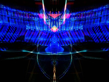 Hafif boya. Neon parıltısı. Simetri ve yansıma. Şenlik dekorasyonu. Bulanık arkaplan. Parlak doku. Parlak desen. Poster, broşür, el ilanı ve kart için yaratıcı grafik tasarımı. Ağ, kumaş ve örtü için arkaplan.