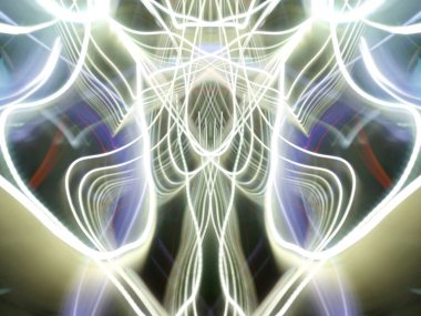 Hafif boya. Neon parıltısı. Simetri ve yansıma. Şenlik dekorasyonu. Bulanık arkaplan. Parlak doku. Parlak desen. Poster, broşür, el ilanı ve kart için yaratıcı grafik tasarımı. Ağ, kumaş ve örtü için arkaplan.