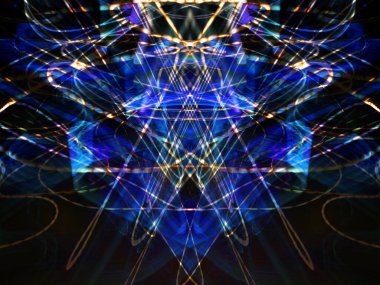 Hafif boya. Neon parıltısı. Simetri ve yansıma. Şenlik dekorasyonu. Bulanık arkaplan. Parlak doku. Parlak desen. Poster, broşür, el ilanı ve kart için yaratıcı grafik tasarımı. Ağ, kumaş ve örtü için arkaplan.