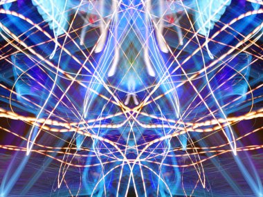 Hafif boya. Neon parıltısı. Simetri ve yansıma. Şenlik dekorasyonu. Bulanık arkaplan. Parlak doku. Parlak desen. Poster, broşür, el ilanı ve kart için yaratıcı grafik tasarımı. Ağ, kumaş ve örtü için arkaplan.