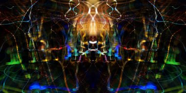 Hafif boya. Neon parıltısı. Simetri ve yansıma. Şenlik dekorasyonu. Bulanık arkaplan. Parlak doku. Parlak desen. Poster, broşür, el ilanı ve kart için yaratıcı grafik tasarımı. Ağ, kumaş ve örtü için arkaplan.