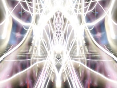 Hafif boya. Neon parıltısı. Simetri ve yansıma. Şenlik dekorasyonu. Bulanık arkaplan. Parlak doku. Parlak desen. Poster, broşür, el ilanı ve kart için yaratıcı grafik tasarımı. Ağ, kumaş ve örtü için arkaplan.