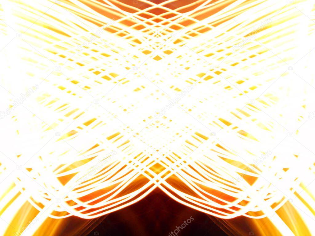 Light painting. Neon glow. Symmetry and reflection. Festive decoration. Abstract blurred background. Glowing texture. Shining pattern. Creative graphic design for poster, brochure, flyer and card. Backdrop for web, fabric and cover.