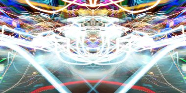 Hafif boya. Neon parıltısı. Simetri ve yansıma. Şenlik dekorasyonu. Bulanık arkaplan. Parlak doku. Parlak desen. Poster, broşür, el ilanı ve kart için yaratıcı grafik tasarımı. Ağ, kumaş ve örtü için arkaplan.