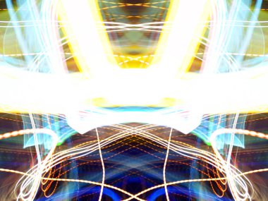 Hafif boya. Neon parıltısı. Simetri ve yansıma. Şenlik dekorasyonu. Bulanık arkaplan. Parlak doku. Parlak desen. Poster, broşür, el ilanı ve kart için yaratıcı grafik tasarımı. Ağ, kumaş ve örtü için arkaplan.