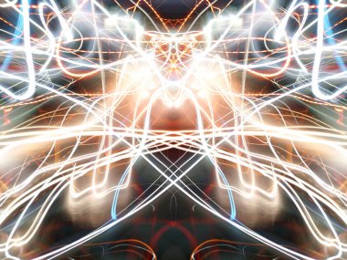 Hafif boya. Neon parıltısı. Simetri ve yansıma. Şenlik dekorasyonu. Bulanık arkaplan. Parlak doku. Parlak desen. Poster, broşür, el ilanı ve kart için yaratıcı grafik tasarımı. Ağ, kumaş ve örtü için arkaplan.