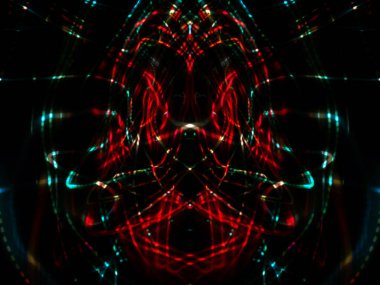 Hafif boya. Neon parıltısı. Simetri ve yansıma. Şenlik dekorasyonu. Bulanık arkaplan. Parlak doku. Parlak desen. Poster, broşür, el ilanı ve kart için yaratıcı grafik tasarımı. Ağ, kumaş ve örtü için arkaplan.