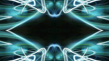 Hafif boya. Neon parıltısı. Simetri ve yansıma. Şenlik dekorasyonu. Bulanık arkaplan. Parlak doku. Parlak desen. Poster, broşür, el ilanı ve kart için yaratıcı grafik tasarımı. Ağ, kumaş ve örtü için arkaplan.