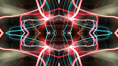 Hafif boya. Neon parıltısı. Simetri ve yansıma. Şenlik dekorasyonu. Bulanık arkaplan. Parlak doku. Parlak desen. Poster, broşür, el ilanı ve kart için yaratıcı grafik tasarımı. Ağ, kumaş ve örtü için arkaplan.