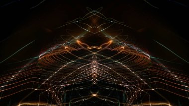 Hafif boya. Neon parıltısı. Simetri ve yansıma. Şenlik dekorasyonu. Bulanık arkaplan. Parlak doku. Parlak desen. Poster, broşür, el ilanı ve kart için yaratıcı grafik tasarımı. Ağ, kumaş ve örtü için arkaplan.