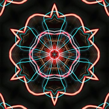 Fraktal soyut arkaplan. Işık efektleri. Neon parıltısı. Şenlik dekorasyonu. Renkli desen. Geometrik doku.  