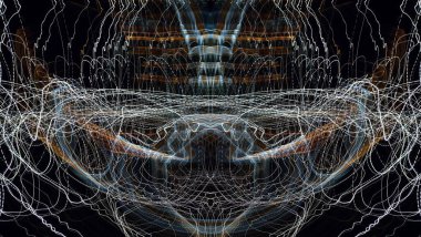 Hafif boya. Neon parıltısı. Simetri ve yansıma. Şenlik dekorasyonu. Bulanık arkaplan. Parlak doku. Parlak desen. Poster, broşür, el ilanı ve kart için yaratıcı grafik tasarımı. Ağ, kumaş ve örtü için arkaplan.