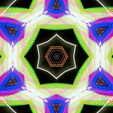 Fraktal soyut arkaplan. Işık efektleri. Neon parıltısı. Şenlik dekorasyonu. Renkli desen. Geometrik doku.