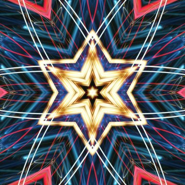 Fraktal soyut arkaplan. Işık efektleri. Neon parıltısı. Şenlik dekorasyonu. Renkli desen. Geometrik doku.