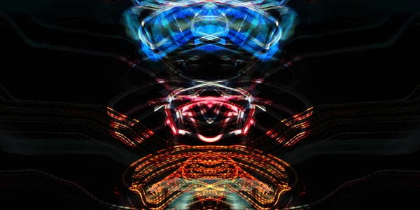 Light painting. Neon glow. Symmetry and reflection. Festive decoration. Abstract blurred background. Glowing texture. Shining pattern. Creative graphic design for poster, brochure, flyer and card. Backdrop for web, fabric and cover.