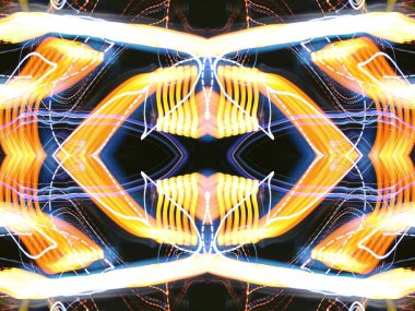 Hafif boya. Neon parıltısı. Simetri ve yansıma. Şenlik dekorasyonu. Bulanık arkaplan. Parlak doku. Parlak desen. Poster, broşür, el ilanı ve kart için yaratıcı grafik tasarımı. Ağ, kumaş ve örtü için arkaplan.