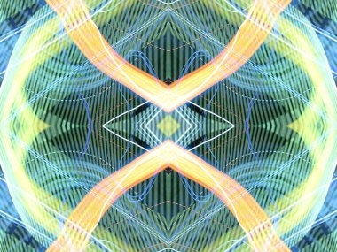 Hafif boya. Neon parıltısı. Simetri ve yansıma. Şenlik dekorasyonu. Bulanık arkaplan. Parlak doku. Parlak desen. Poster, broşür, el ilanı ve kart için yaratıcı grafik tasarımı. Ağ, kumaş ve örtü için arkaplan.