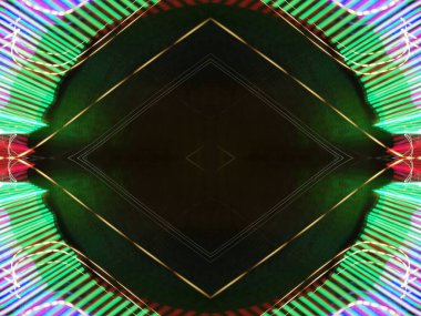 Hafif boya. Neon parıltısı. Simetri ve yansıma. Şenlik dekorasyonu. Bulanık arkaplan. Parlak doku. Parlak desen. Poster, broşür, el ilanı ve kart için yaratıcı grafik tasarımı. Ağ, kumaş ve örtü için arkaplan.