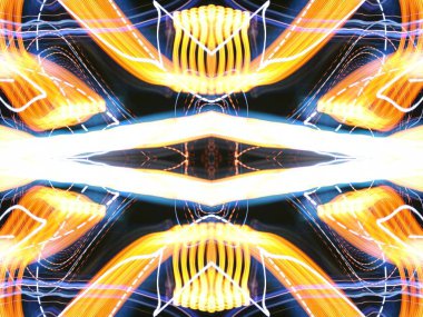 Hafif boya. Neon parıltısı. Simetri ve yansıma. Şenlik dekorasyonu. Bulanık arkaplan. Parlak doku. Parlak desen. Poster, broşür, el ilanı ve kart için yaratıcı grafik tasarımı. Ağ, kumaş ve örtü için arkaplan.