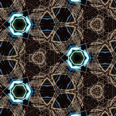 Fraktal soyut arkaplan. Işık efektleri. Neon parıltısı. Şenlik dekorasyonu. Renkli desen. Geometrik doku.