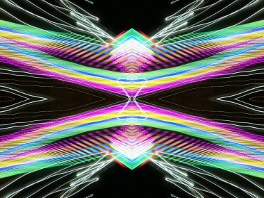 Hafif boya. Neon parıltısı. Simetri ve yansıma. Şenlik dekorasyonu. Bulanık arkaplan. Parlak doku. Parlak desen. Poster, broşür, el ilanı ve kart için yaratıcı grafik tasarımı. Ağ, kumaş ve örtü için arkaplan.