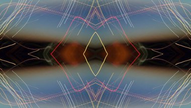 Işık efektleri. Neon parıltısı. Simetri ve yansıma. Şenlik dekorasyonu. Bulanık arkaplan. Parlak doku. Parlak desen. Poster, broşür, el ilanı ve kart için yaratıcı grafik tasarımı. Ağ, kumaş ve örtü için arkaplan. 