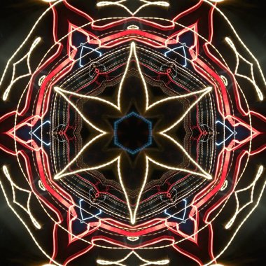 Fraktal soyut arkaplan. Işık efektleri. Neon parıltısı. Şenlik dekorasyonu. Renkli desen. Geometrik doku.