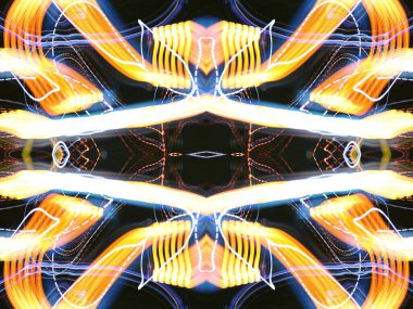 Hafif boya. Neon parıltısı. Simetri ve yansıma. Şenlik dekorasyonu. Bulanık arkaplan. Parlak doku. Parlak desen. Poster, broşür, el ilanı ve kart için yaratıcı grafik tasarımı. Ağ, kumaş ve örtü için arkaplan.