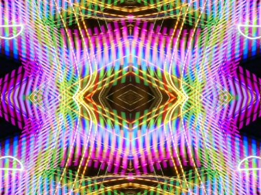 Hafif boya. Neon parıltısı. Simetri ve yansıma. Şenlik dekorasyonu. Bulanık arkaplan. Parlak doku. Parlak desen. Poster, broşür, el ilanı ve kart için yaratıcı grafik tasarımı. Ağ, kumaş ve örtü için arkaplan.