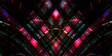 Hafif boya. Neon parıltısı. Simetri ve yansıma. Şenlik dekorasyonu. Bulanık arkaplan. Parlak doku. Parlak desen. Poster, broşür, el ilanı ve kart için yaratıcı grafik tasarımı. Ağ, kumaş ve örtü için arkaplan.