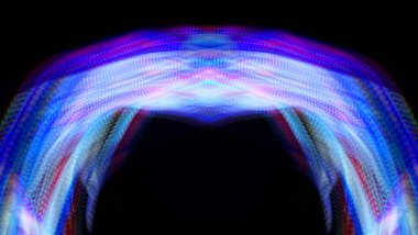 Işık efektleri. Neon parıltısı. Simetri ve yansıma. Şenlik dekorasyonu. Bulanık arkaplan. Parlak doku. Parlak desen. Poster, broşür, el ilanı ve kart için yaratıcı grafik tasarımı. Ağ, kumaş ve örtü için arkaplan. 