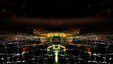 Hafif boya. Neon parıltısı. Simetri ve yansıma. Şenlik dekorasyonu. Bulanık arkaplan. Parlak doku. Parlak desen. Poster, broşür, el ilanı ve kart için yaratıcı grafik tasarımı. Ağ, kumaş ve örtü için arkaplan.