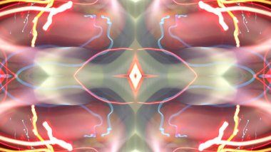 Işık efektleri. Neon parıltısı. Simetri ve yansıma. Şenlik dekorasyonu. Bulanık arkaplan. Parlak doku. Parlak desen. Poster, broşür, el ilanı ve kart için yaratıcı grafik tasarımı. Ağ, kumaş ve örtü için arkaplan. 