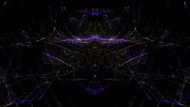 Işık efektleri. Neon parıltısı. Simetri ve yansıma. Şenlik dekorasyonu. Bulanık arkaplan. Parlak doku. Parlak desen. Poster, broşür, el ilanı ve kart için yaratıcı grafik tasarımı. Ağ, kumaş ve örtü için arkaplan.