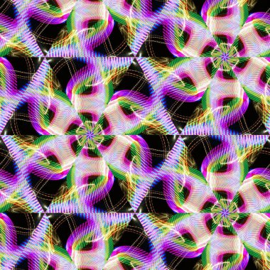 Fraktal soyut arkaplan. Işık efektleri. Neon parıltısı. Şenlik dekorasyonu. Renkli desen. Geometrik doku.