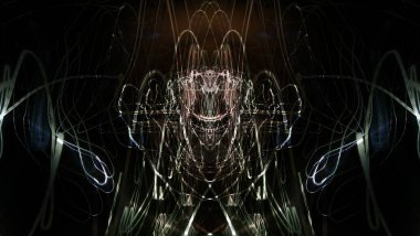 Hafif boya. Neon parıltısı. Simetri ve yansıma. Şenlik dekorasyonu. Bulanık arkaplan. Parlak doku. Parlak desen. Poster, broşür, el ilanı ve kart için yaratıcı grafik tasarımı. Ağ, kumaş ve örtü için arkaplan.