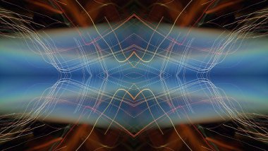 Hafif boya. Neon parıltısı. Simetri ve yansıma. Şenlik dekorasyonu. Bulanık arkaplan. Parlak doku. Parlak desen. Poster, broşür, el ilanı ve kart için yaratıcı grafik tasarımı. Ağ, kumaş ve örtü için arkaplan.