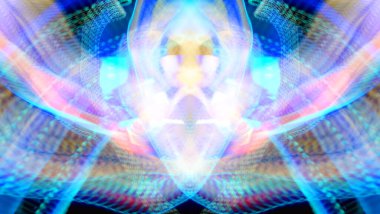 Işık efektleri. Neon parıltısı. Simetri ve yansıma. Şenlik dekorasyonu. Bulanık arkaplan. Parlak doku. Parlak desen. Poster, broşür, el ilanı ve kart için yaratıcı grafik tasarımı. Ağ, kumaş ve örtü için arkaplan.