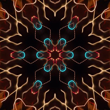 Fraktal soyut arkaplan. Işık efektleri. Neon parıltısı. Şenlik dekorasyonu. Renkli desen. Geometrik doku.