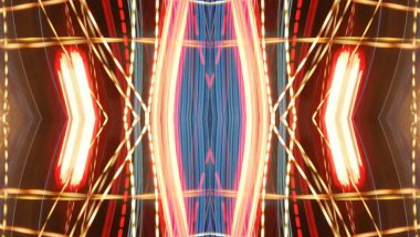 Işık efektleri. Neon parıltısı. Simetri ve yansıma. Şenlik dekorasyonu. Bulanık arkaplan. Parlak doku. Parlak desen. Poster, broşür, el ilanı ve kart için yaratıcı grafik tasarımı. Ağ, kumaş ve örtü için arkaplan.