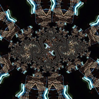 Fraktal soyut arkaplan. Işık efektleri. Neon parıltısı. Şenlik dekorasyonu. Renkli desen. Geometrik doku.