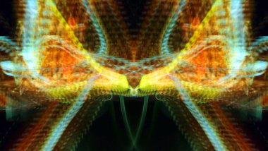 Işık efektleri. Neon parıltısı. Simetri ve yansıma. Şenlik dekorasyonu. Bulanık arkaplan. Parlak doku. Parlak desen. Poster, broşür, el ilanı ve kart için yaratıcı grafik tasarımı. Ağ, kumaş ve örtü için arkaplan.