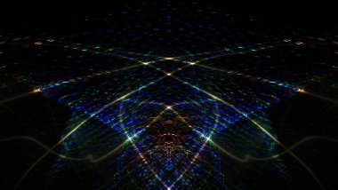 Hafif boya. Neon parıltısı. Simetri ve yansıma. Şenlik dekorasyonu. Bulanık arkaplan. Parlak doku. Parlak desen. Poster, broşür, el ilanı ve kart için yaratıcı grafik tasarımı. Ağ, kumaş ve örtü için arkaplan.