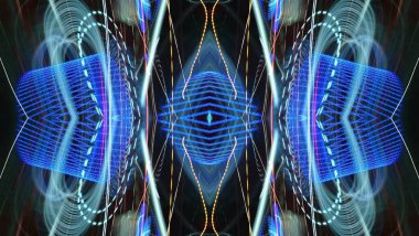 Işık efektleri. Neon parıltısı. Simetri ve yansıma. Şenlik dekorasyonu. Bulanık arkaplan. Parlak doku. Parlak desen. Poster, broşür, el ilanı ve kart için yaratıcı grafik tasarımı. Ağ, kumaş ve örtü için arkaplan. 